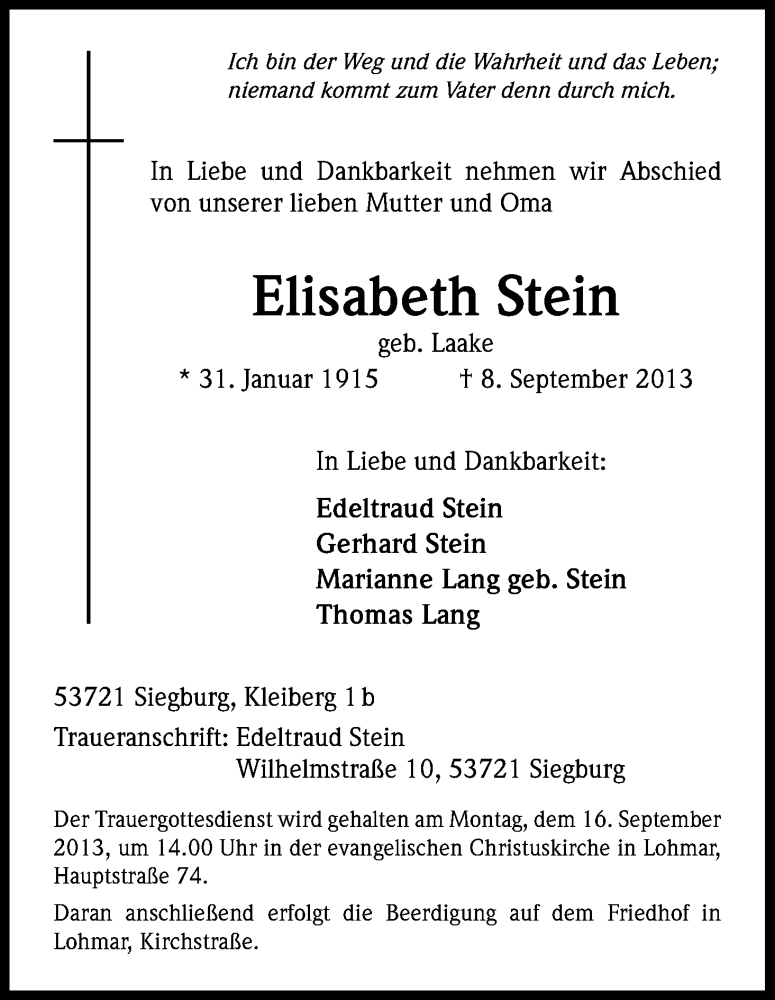  Traueranzeige für Elisabeth Stein vom 14.09.2013 aus Kölner Stadt-Anzeiger / Kölnische Rundschau / Express