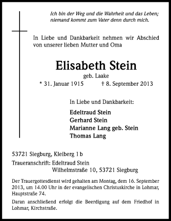 Anzeige von Elisabeth Stein von Kölner Stadt-Anzeiger / Kölnische Rundschau / Express