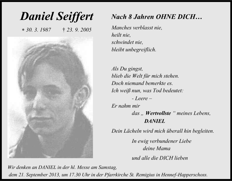  Traueranzeige für Daniel Seiffert vom 21.09.2013 aus Kölner Stadt-Anzeiger / Kölnische Rundschau / Express