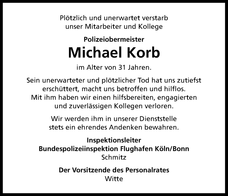  Traueranzeige für Michael Korb vom 11.09.2013 aus Kölner Stadt-Anzeiger / Kölnische Rundschau / Express