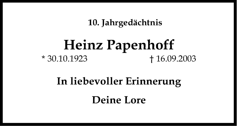 Traueranzeige für Heinz Papenhoff vom 16.09.2013 aus Kölner Stadt-Anzeiger / Kölnische Rundschau / Express