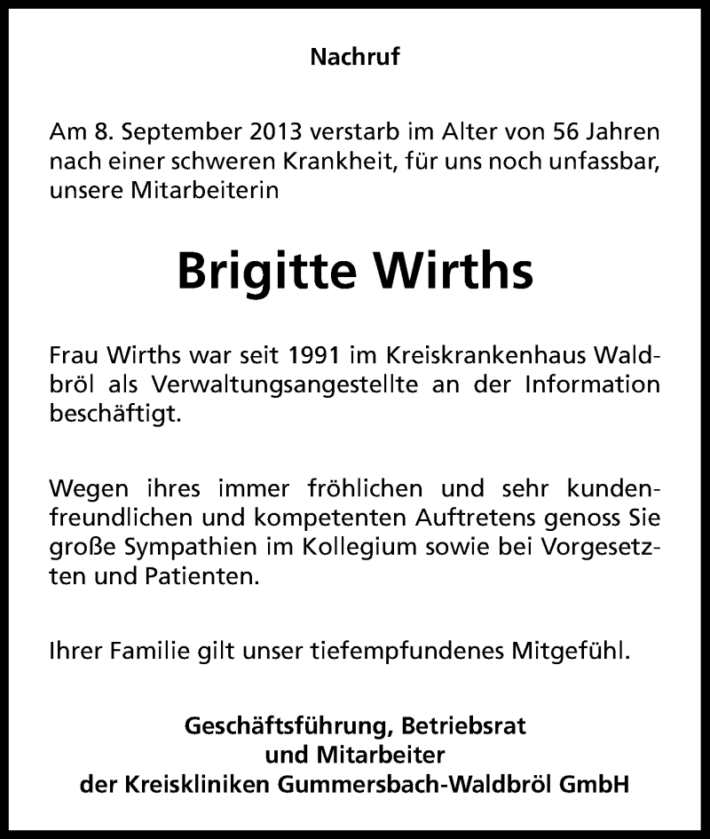  Traueranzeige für Brigitte Wirths vom 14.09.2013 aus Kölner Stadt-Anzeiger / Kölnische Rundschau / Express