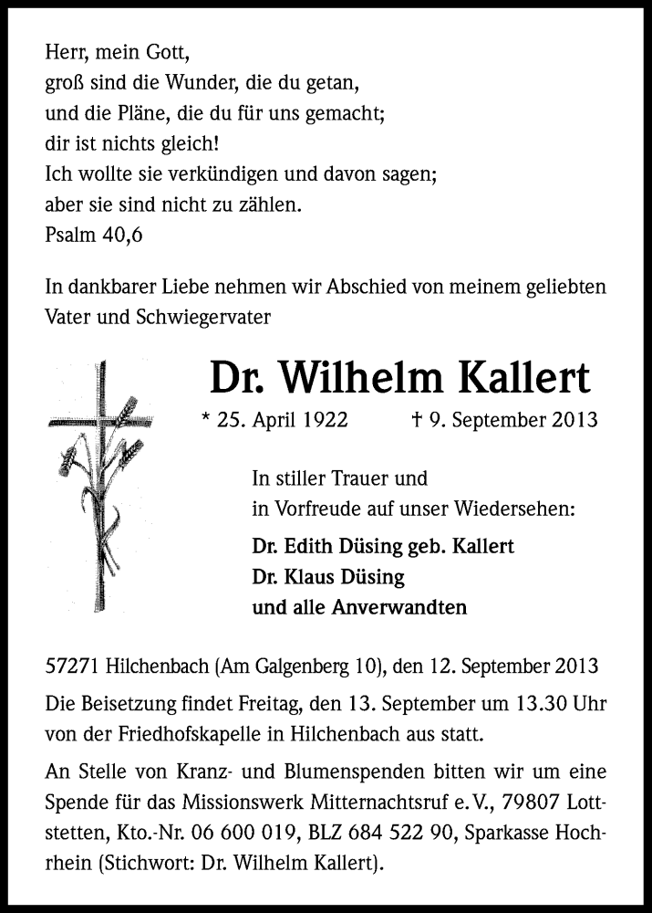  Traueranzeige für Wilhelm Kallert vom 12.09.2013 aus Kölner Stadt-Anzeiger / Kölnische Rundschau / Express