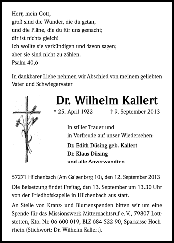 Anzeige von Wilhelm Kallert von Kölner Stadt-Anzeiger / Kölnische Rundschau / Express