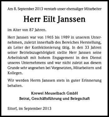 Anzeige von Eilt Janssen von Kölner Stadt-Anzeiger / Kölnische Rundschau / Express