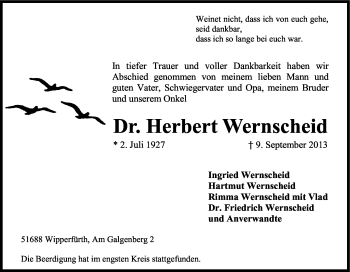 Anzeige von Herbert Wernscheid von Kölner Stadt-Anzeiger / Kölnische Rundschau / Express