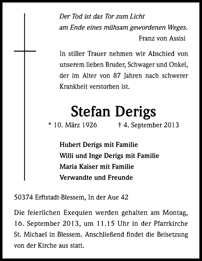  Traueranzeige für Stefan Derigs vom 12.09.2013 aus Kölner Stadt-Anzeiger / Kölnische Rundschau / Express