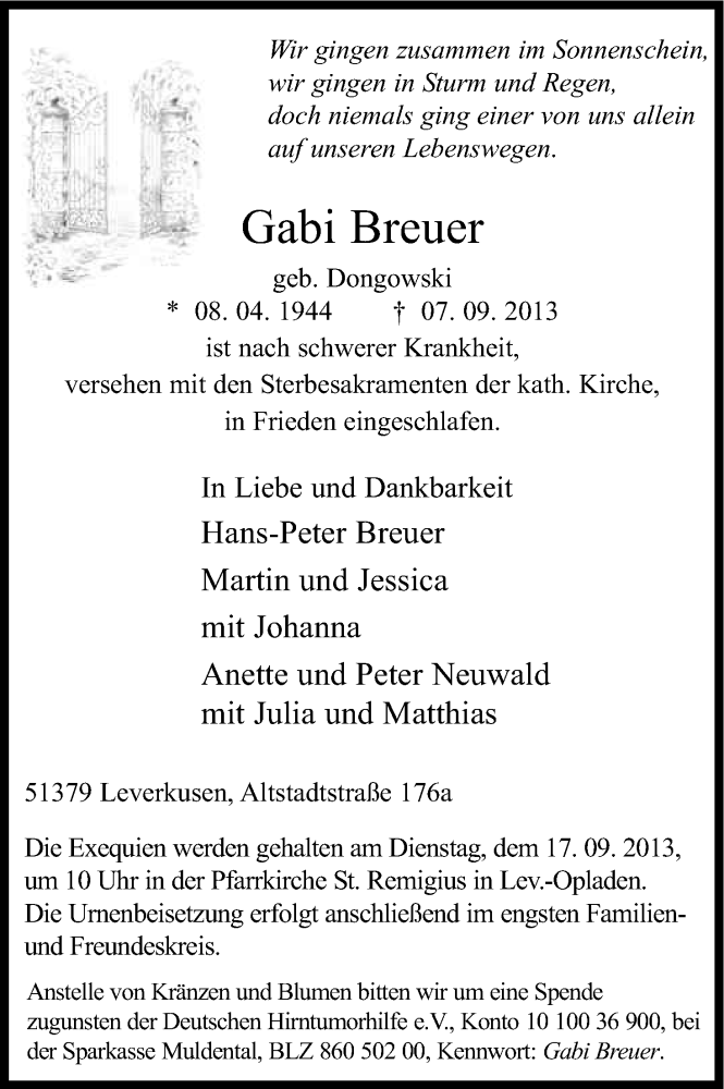  Traueranzeige für Gabi Breuer vom 14.09.2013 aus Kölner Stadt-Anzeiger / Kölnische Rundschau / Express