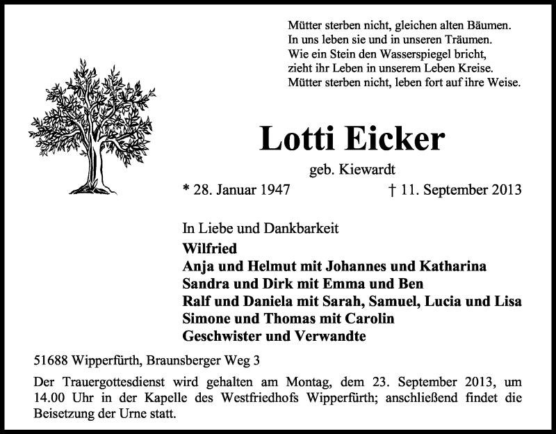  Traueranzeige für Lotti Eicker vom 14.09.2013 aus Kölner Stadt-Anzeiger / Kölnische Rundschau / Express