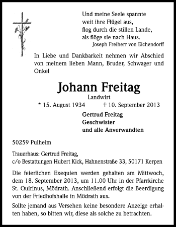 Anzeige von Johann Freitag von Kölner Stadt-Anzeiger / Kölnische Rundschau / Express