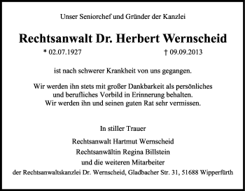 Anzeige von Herbert Wernscheid von Kölner Stadt-Anzeiger / Kölnische Rundschau / Express