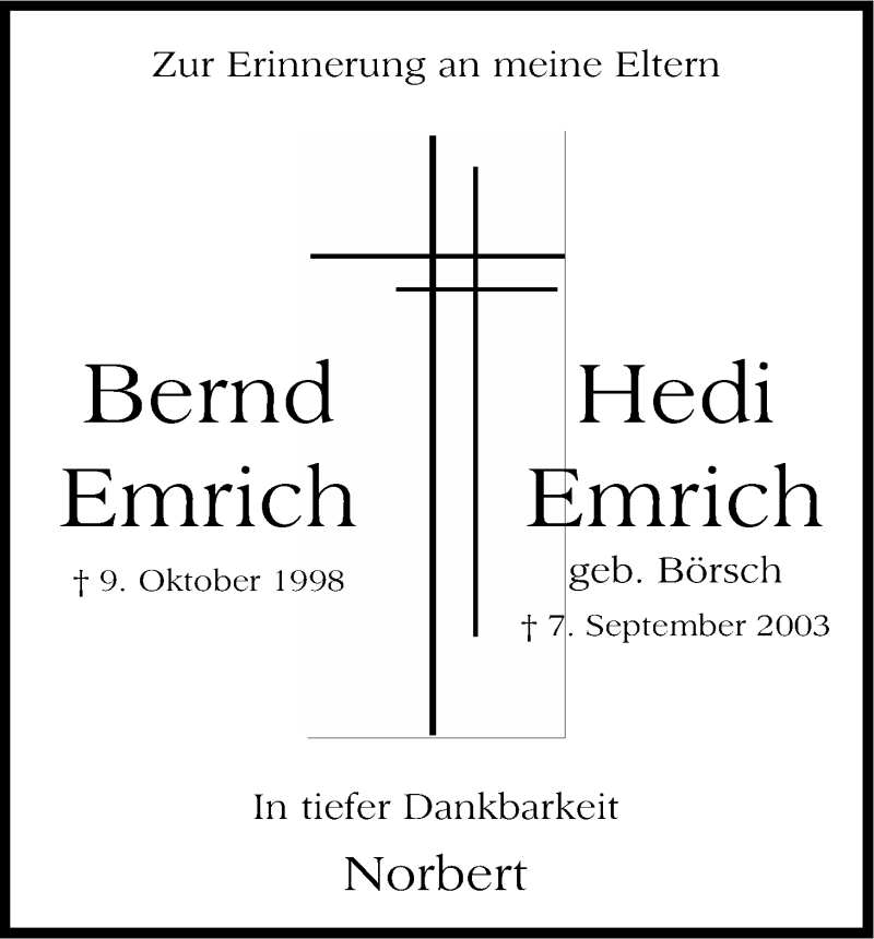  Traueranzeige für Hedi Emrich vom 16.09.2013 aus Kölner Stadt-Anzeiger / Kölnische Rundschau / Express