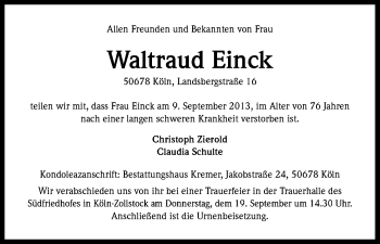Anzeige von Waltraud Einck von Kölner Stadt-Anzeiger / Kölnische Rundschau / Express