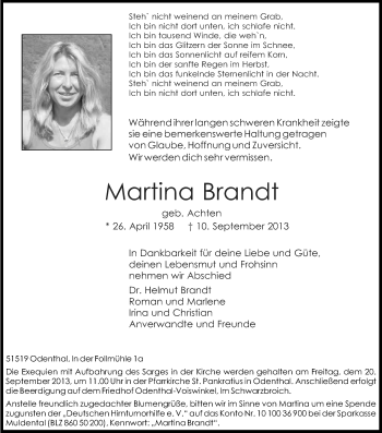 Anzeige von Martina Brandt von Kölner Stadt-Anzeiger / Kölnische Rundschau / Express