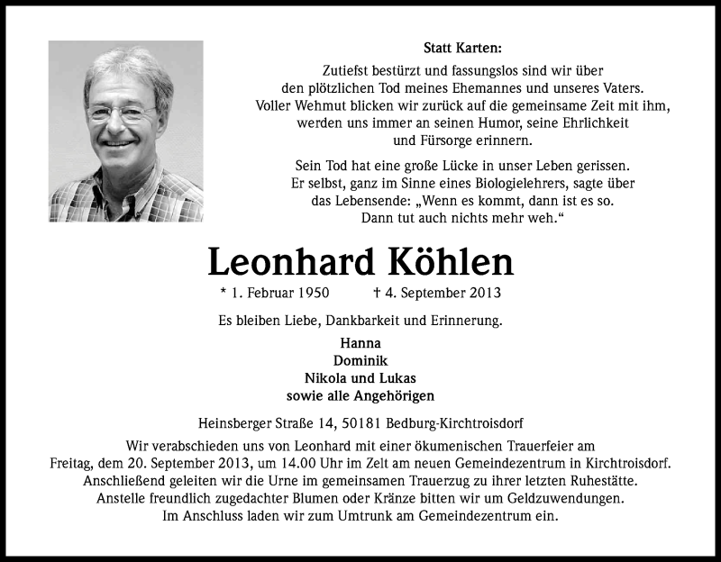  Traueranzeige für Leonhard Köhlen vom 14.09.2013 aus Kölner Stadt-Anzeiger / Kölnische Rundschau / Express