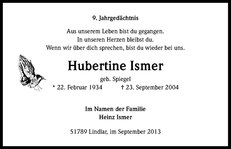  Traueranzeige für Hubertine Ismer vom 23.09.2013 aus Kölner Stadt-Anzeiger / Kölnische Rundschau / Express