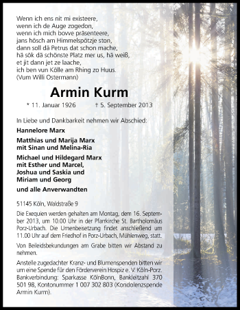 Anzeige von Armin Kurm von Kölner Stadt-Anzeiger / Kölnische Rundschau / Express