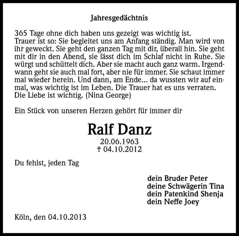  Traueranzeige für Ralf Danz vom 03.10.2013 aus Kölner Stadt-Anzeiger / Kölnische Rundschau / Express