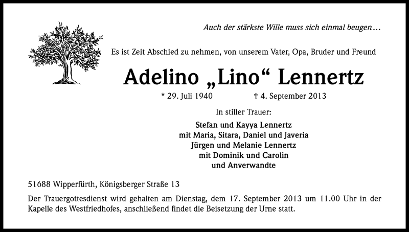  Traueranzeige für Adelino Lennertz vom 17.09.2013 aus Kölner Stadt-Anzeiger / Kölnische Rundschau / Express