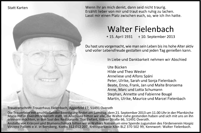  Traueranzeige für Walter Fielenbach vom 14.09.2013 aus Kölner Stadt-Anzeiger / Kölnische Rundschau / Express