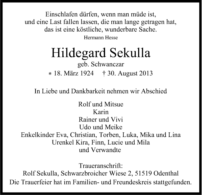 Traueranzeige für Holdegard Sekulla vom 16.09.2013 aus Kölner Stadt-Anzeiger / Kölnische Rundschau / Express