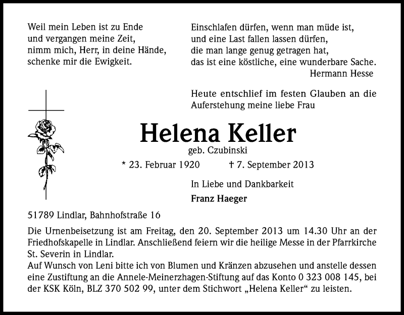  Traueranzeige für Helena Keller vom 14.09.2013 aus Kölner Stadt-Anzeiger / Kölnische Rundschau / Express