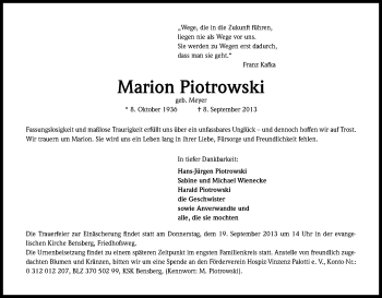 Anzeige von Marion Piotrowski von Kölner Stadt-Anzeiger / Kölnische Rundschau / Express