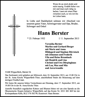 Anzeige von Hans Berster von Kölner Stadt-Anzeiger / Kölnische Rundschau / Express