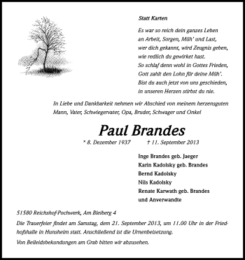 Anzeige von Paul Brandes von Kölner Stadt-Anzeiger / Kölnische Rundschau / Express