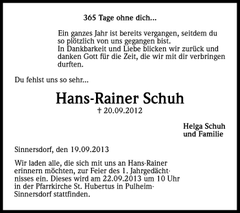 Anzeige von Hans-Rainer Schuh von Kölner Stadt-Anzeiger / Kölnische Rundschau / Express