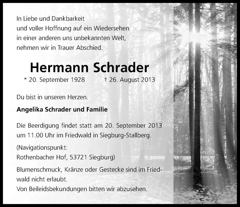  Traueranzeige für Hermann Schrader vom 16.09.2013 aus Kölner Stadt-Anzeiger / Kölnische Rundschau / Express