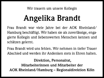 Anzeige von Angelika Brandt von Kölner Stadt-Anzeiger / Kölnische Rundschau / Express