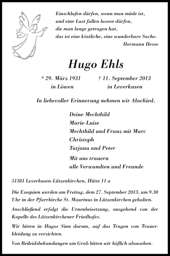 Anzeige von Hugo Ehls von Kölner Stadt-Anzeiger / Kölnische Rundschau / Express