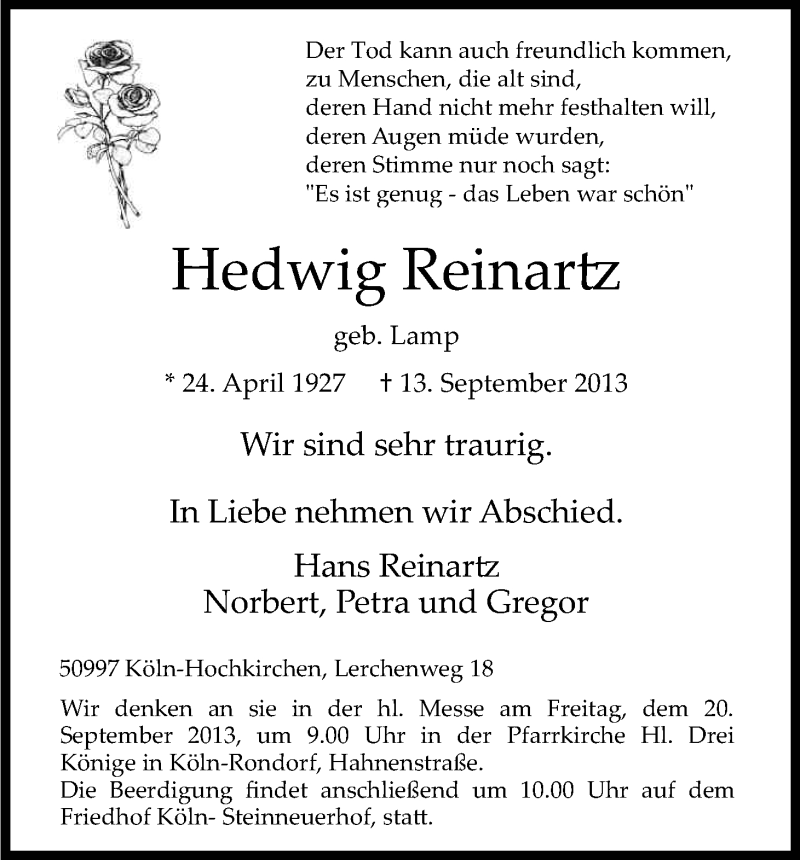  Traueranzeige für Hedwig Reinartz vom 17.09.2013 aus Kölner Stadt-Anzeiger / Kölnische Rundschau / Express