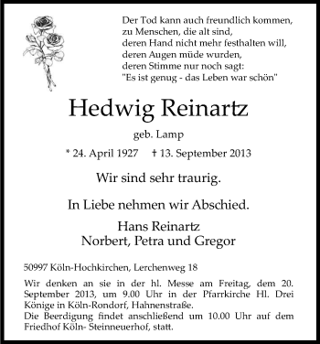 Anzeige von Hedwig Reinartz von Kölner Stadt-Anzeiger / Kölnische Rundschau / Express