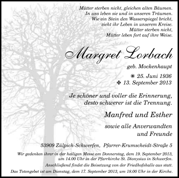 Anzeige von Margret Lorbach von Kölner Stadt-Anzeiger / Kölnische Rundschau / Express