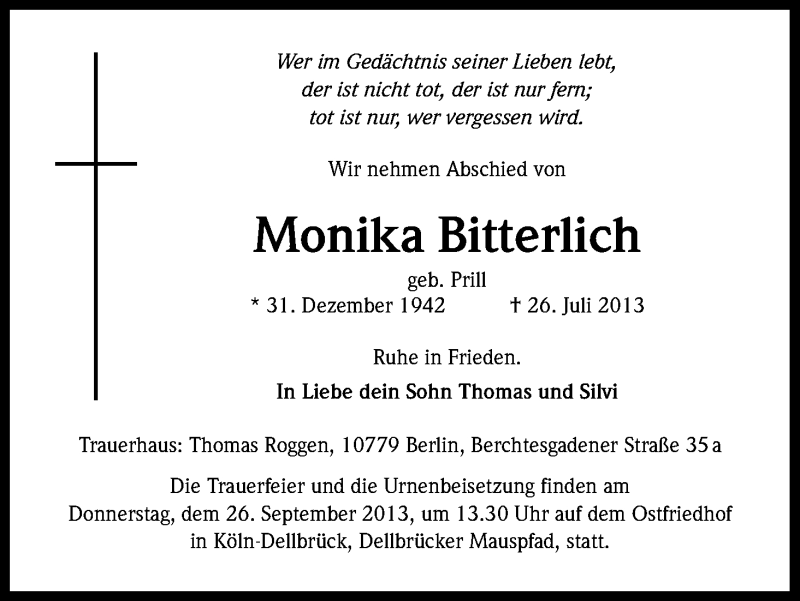  Traueranzeige für Monika Bitterlich vom 21.09.2013 aus Kölner Stadt-Anzeiger / Kölnische Rundschau / Express
