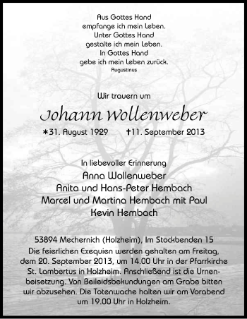 Anzeige von Johann Wollenweber von Kölner Stadt-Anzeiger / Kölnische Rundschau / Express