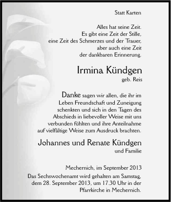Anzeige von Irmina Kündgen von Kölner Stadt-Anzeiger / Kölnische Rundschau / Express
