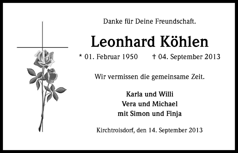  Traueranzeige für Leonhard Köhlen vom 17.09.2013 aus Kölner Stadt-Anzeiger / Kölnische Rundschau / Express