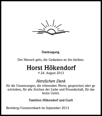 Anzeige von Horst Hökendorf von Kölner Stadt-Anzeiger / Kölnische Rundschau / Express