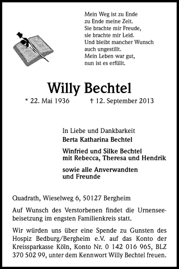 Anzeige von Willy Bechtel von Kölner Stadt-Anzeiger / Kölnische Rundschau / Express