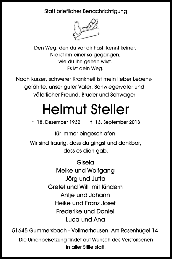  Traueranzeige für Helmut Steller vom 17.09.2013 aus Kölner Stadt-Anzeiger / Kölnische Rundschau / Express
