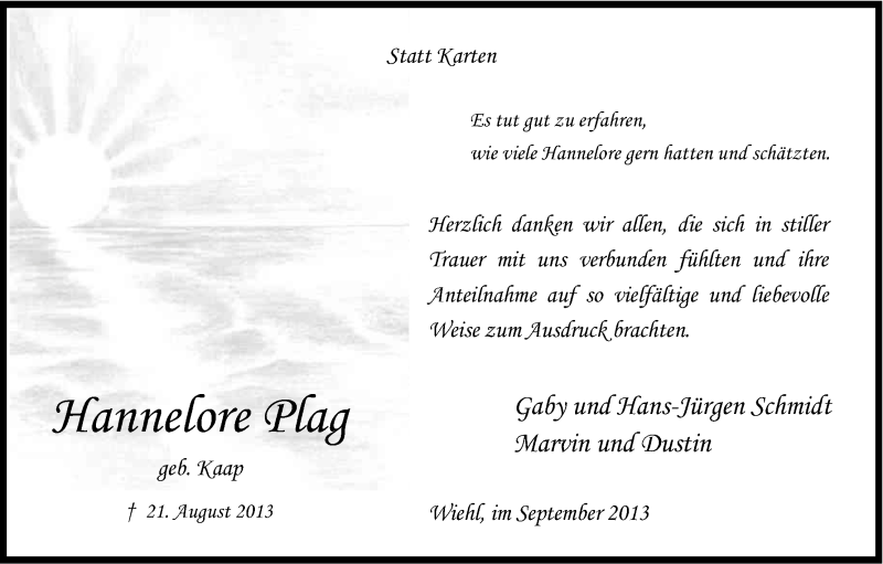  Traueranzeige für Hannelore Plag vom 21.09.2013 aus Kölner Stadt-Anzeiger / Kölnische Rundschau / Express