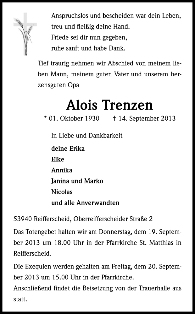  Traueranzeige für Alois Trenzen vom 17.09.2013 aus Kölner Stadt-Anzeiger / Kölnische Rundschau / Express