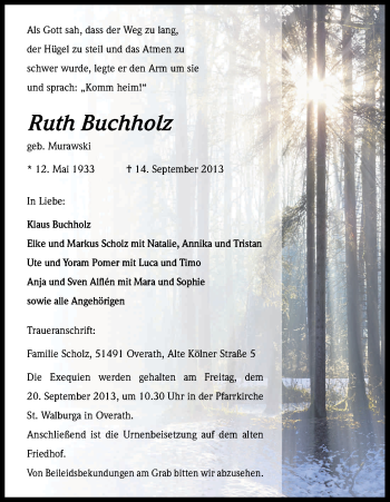Anzeige von Ruth Buchholz von Kölner Stadt-Anzeiger / Kölnische Rundschau / Express