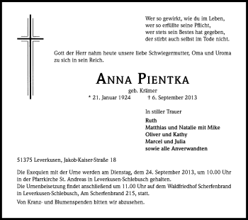 Anzeige von Anna Pientka von Kölner Stadt-Anzeiger / Kölnische Rundschau / Express