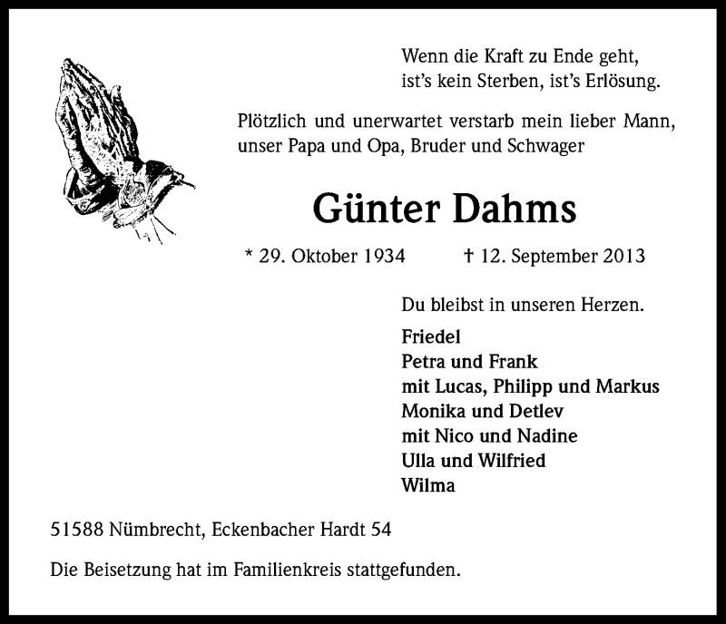  Traueranzeige für Günter Dahms vom 19.09.2013 aus Kölner Stadt-Anzeiger / Kölnische Rundschau / Express
