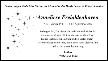 Anzeige von Anneliese Freialdenhoven von Kölner Stadt-Anzeiger / Kölnische Rundschau / Express