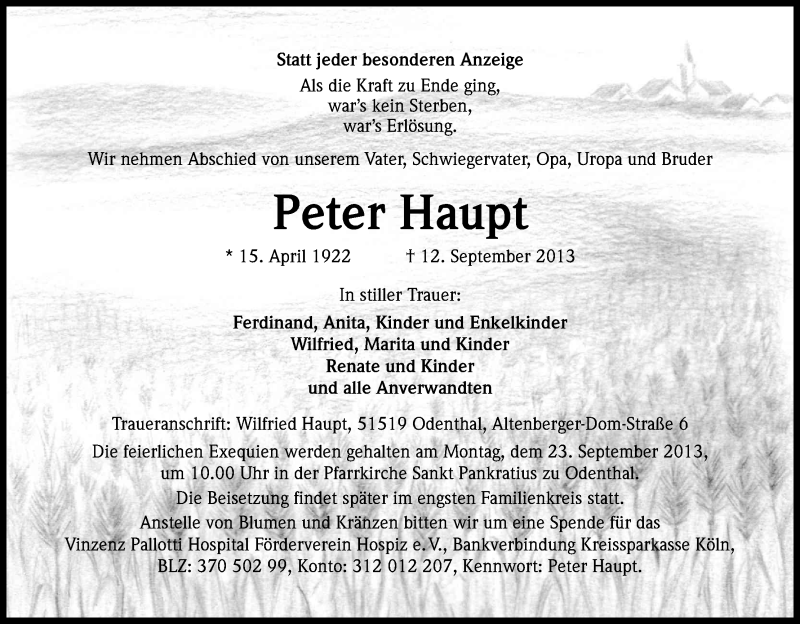  Traueranzeige für Peter Haupt vom 18.09.2013 aus Kölner Stadt-Anzeiger / Kölnische Rundschau / Express